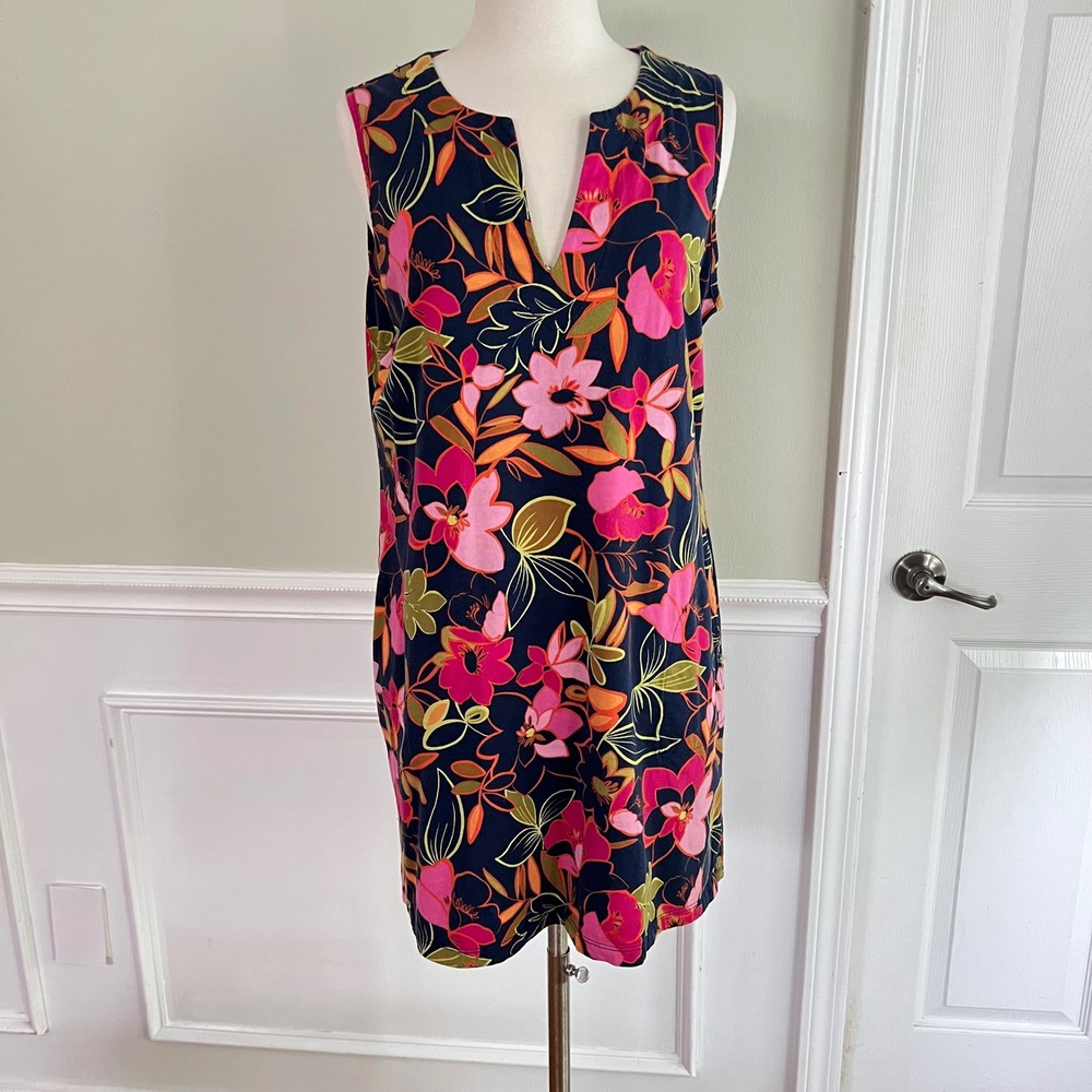 Lands End Shift Dress Womens M 10-12 Cotton Floral Sleeveless Navy Pink Summer